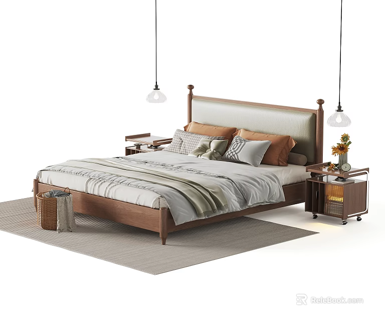 Double Bed With Brown Headboard Soft Pillows Nightstands Vase Flowers Pendant Lights Rug 3d model 