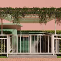 Outdoor Scenic Station With Green Vine Covered Glass Roof White Railings And Red Brick Ground