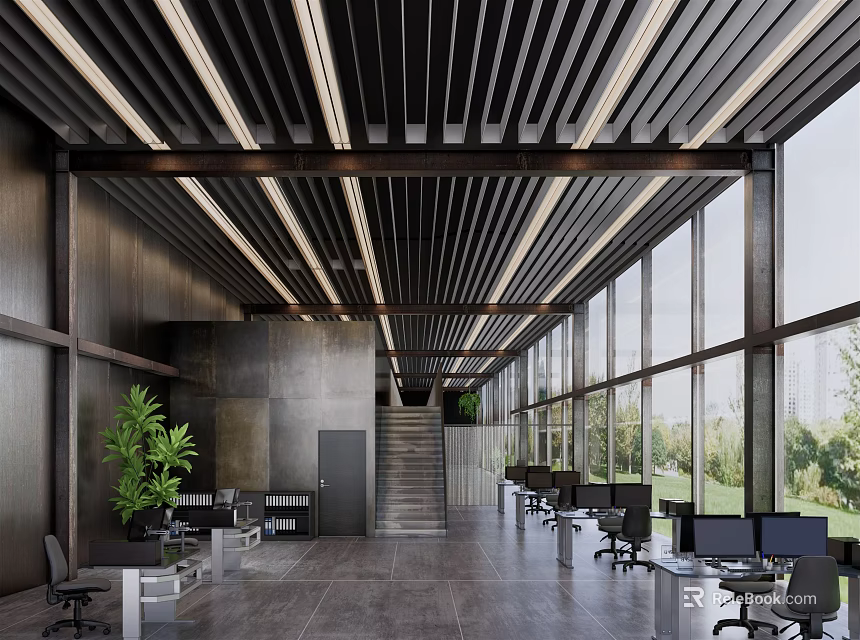 Modern Public Office Space With Black Slatted Ceiling Large Windows Green Plants And Ergonomic Chairs 3d model 