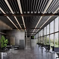 Modern Public Office Space With Black Slatted Ceiling Large Windows Green Plants And Ergonomic Chairs