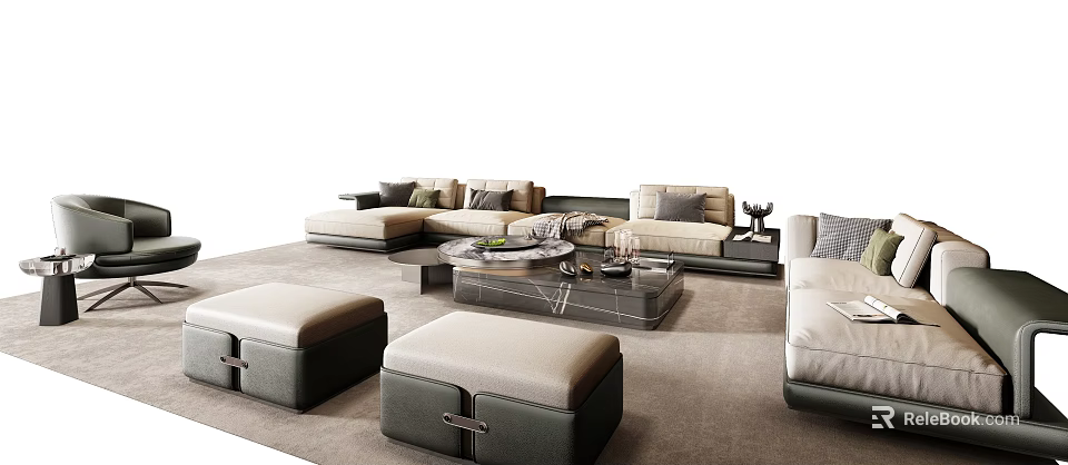 Modern Sofa Coffee Table Set With Glass Top Table Accent Pillows And Ottomans 3d model