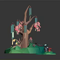 Colorful Cartoon Trees with Pink Flowers Green Base and Colorful Decorations in 3D Design