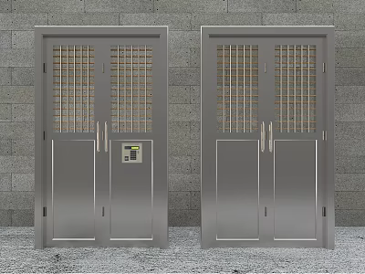 Double Silver Security Doors With Steel Grilles And Keypad Lock On Gray Brick Wall Background 3d model