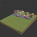 3D Residential House Model on Green Lawn With Brown Soil Base and Gray Roof