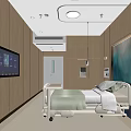 Hospital Outpatient Ward Interior Featuring Wooden Walls Medical Bed And Large Display Screen