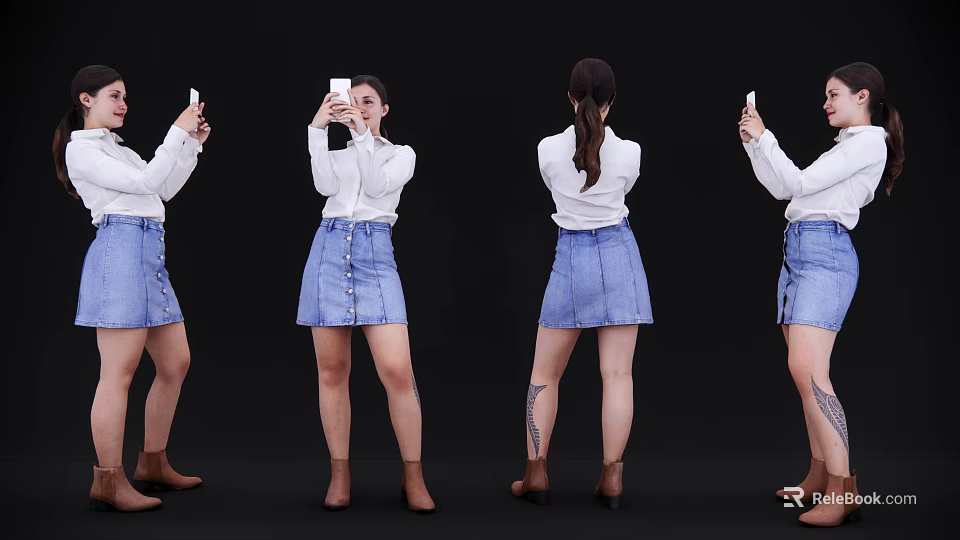 Woman in white top blue denim skirt holding phone from different angles on black background 3d model 