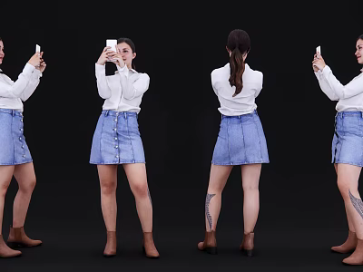 Woman in white top blue denim skirt holding phone from different angles on black background 3d model