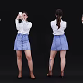 Woman in white top blue denim skirt holding phone from different angles on black background