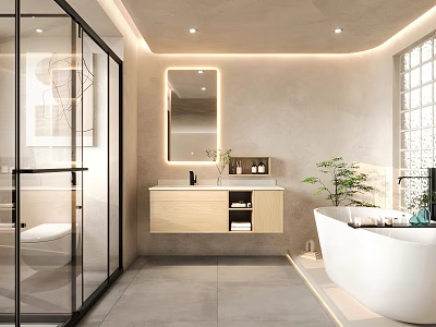 Modern Bathroom Interior With Glass Shower Backlit Mirror Wooden Vanity White Bathtub And Potted Plant 3d model