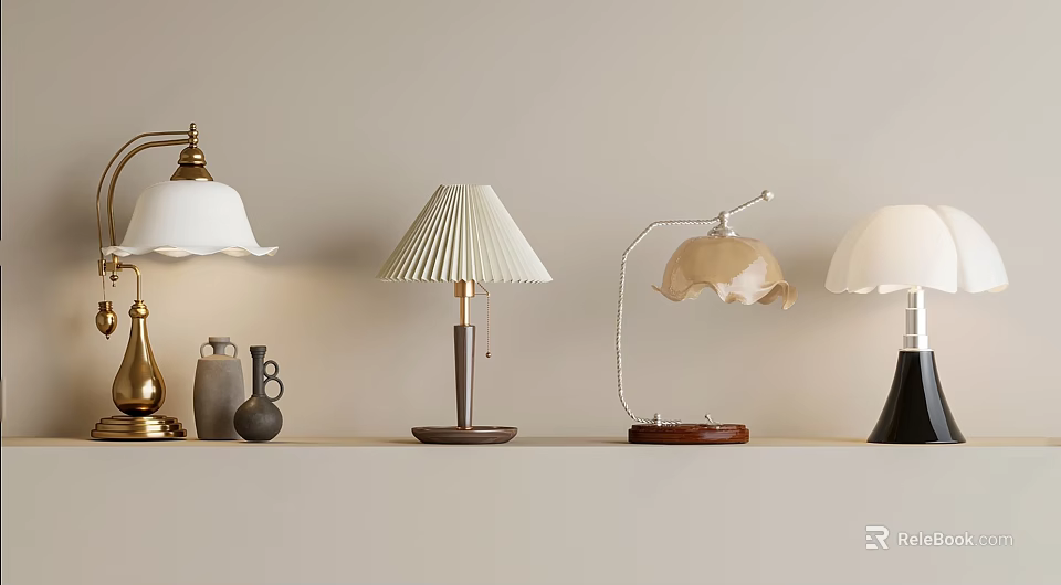 Modern And Classic Table Lamps With Diverse Designs Displayed On Shelf For Home Decor 3d model 