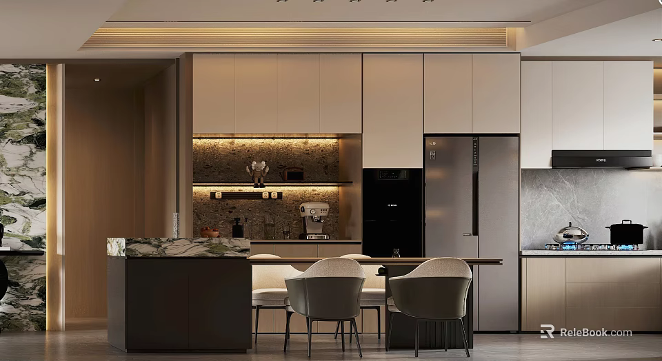 Elegant Modern Restaurant Interior With Dining Table Chairs And Ambient Lighting 3d model