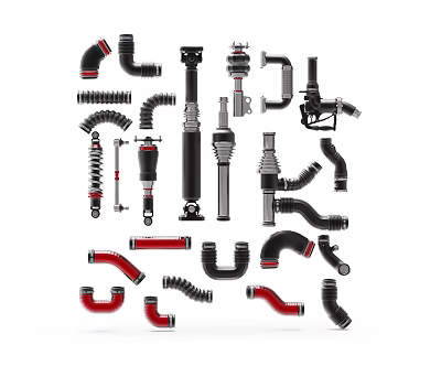Plumbing Pipe Fittings Collection Of Various Types And Shapes With Red Black Connectors 3d model
