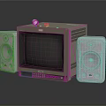 Vintage TV with White Speakers and Retro Screen Displaying Text Graphic