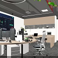 Modern Office Interior With Data Screen Multiple Computer Monitors Desk Chair And Green Plants 3d model