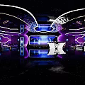 Futuristic Bar Interior With Purple Lighting Stage Neon Lights Background Screen And Person Silhouette