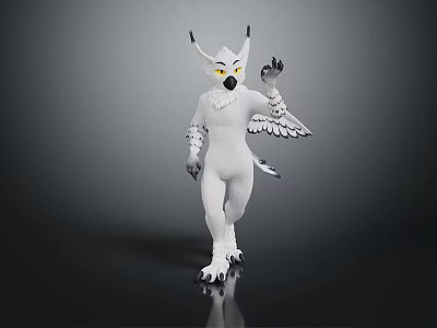 White Horned Owl Like Game Movie Character With Yellow Eyes And Feathered Details 3d model