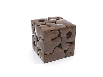 Walnut Wood Cube Shaped Coffee Table With Irregular Holes And Textured Surface 3d model