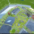 Elegant Garden Landscape With Central Fountain Purple Blue Flowers Stone Steps And Trees