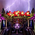 Ancient Castle With Mysterious Atmosphere Thunderstorm And Colorful Lights