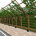 Natural Garden Landscape with Wooden Pergola Covered Green Vines Paved Walkway and Grass Area