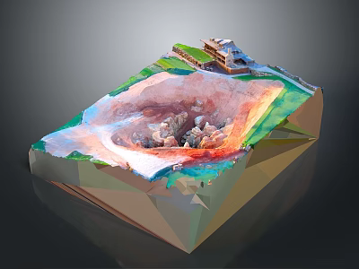 3D Terrain Model with Colorful Layers Sunken Area and Small Structures on Top 3d model