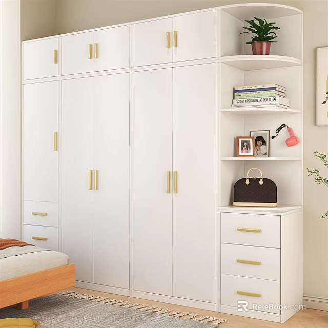 Modern White Wardrobe With Golden Handles Drawers And Shelves In Bedroom Interior 3d model 