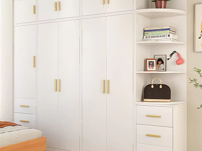 Modern White Wardrobe With Golden Handles Drawers And Shelves In Bedroom Interior 3d model