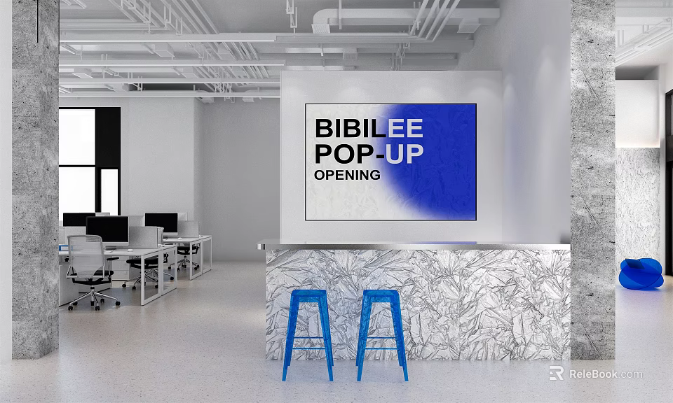 Modern Office Reception Desk With Marble Countertop Blue Bar Stools And Large Digital 3d model 
