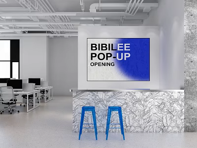 Modern Office Reception Desk With Marble Countertop Blue Bar Stools And Large Digital 3d model