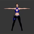 Woman in Blue Halter Top and Black Tight Pants with Arms Outstretched on Gray Background
