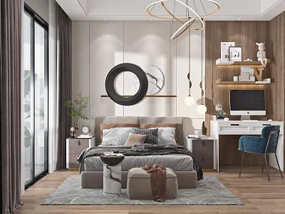 Modern Bedroom Interior Design With Bed Decorative Mirror Chandelier And Work Desk 3d model