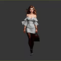 Woman in off-shoulder gray dress with ruffle details wearing stockings holding handbag against gray background