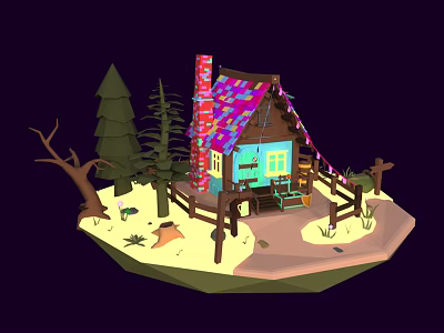 Cartoon Scene Featuring Small House With Colorful Roof And Trees Fence Path And Decorative Lights 3d model