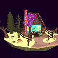 Cartoon Scene Featuring Small House With Colorful Roof And Trees Fence Path And Decorative Lights