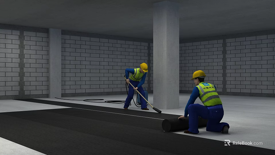 Construction Site Workers in Yellow Hard Hats Safety Vests Doing Floor Work with Roll Material 3d model 