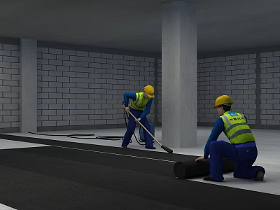 Construction Site Workers in Yellow Hard Hats Safety Vests Doing Floor Work with Roll Material 3d model