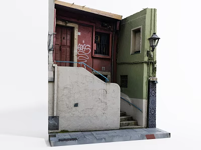 Urban Street Corner Scene With Red Door Green Wall Staircase Street Lamp And Graffiti 3d model
