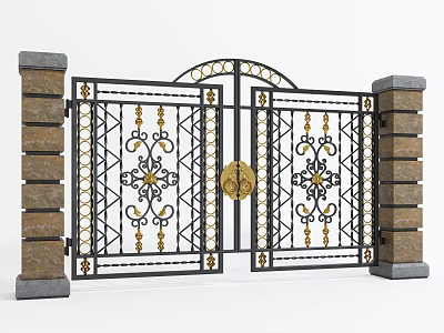 Decorative Wrought Iron Entrance Gate With Brick Pillars Arched Top And Golden Accents 3d model