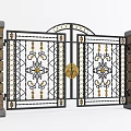 Decorative Wrought Iron Entrance Gate With Brick Pillars Arched Top And Golden Accents