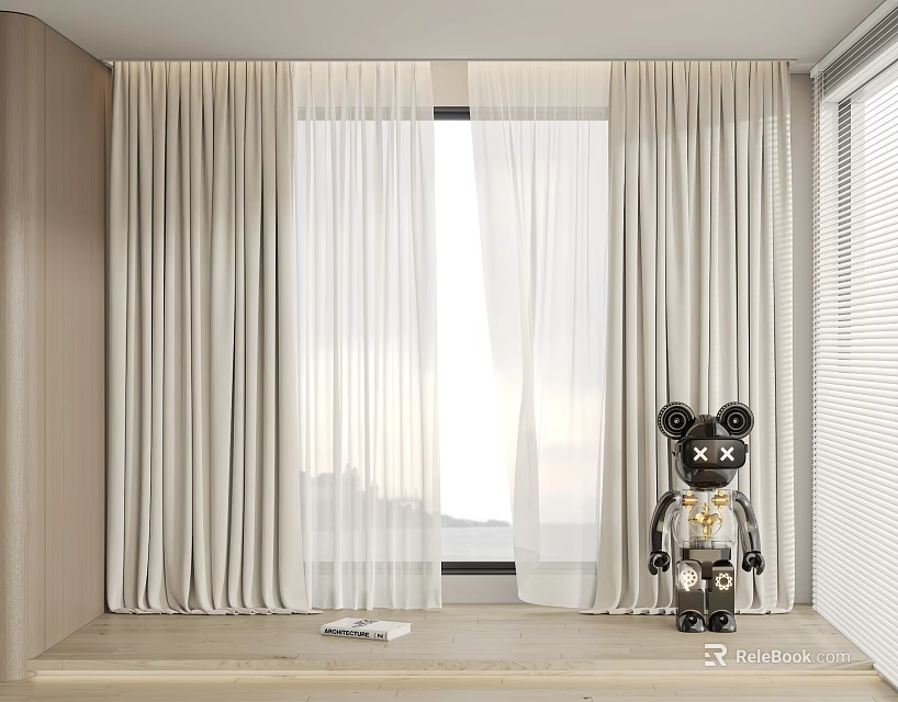 Elegant Beige Light Filtering Curtains In Window Area With Black Decorative Figurine 3d model 