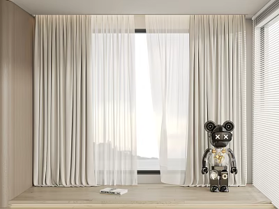 Elegant Beige Light Filtering Curtains In Window Area With Black Decorative Figurine 3d model