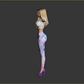 Woman In White Top With Colorful Tie Dye Leggings And Purple High Heels Arms Outstretched