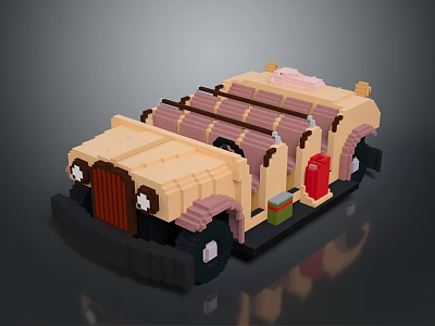 Brick Built Beige Vintage Car With Striped Roof And Red Accents 3d model