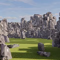 Garden Landscape With Natural Rock Formations Green Lawn And Blue Pond