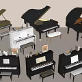 Elegant Piano Room Featuring Various Pianos Stools Books And Decorative Items 3d model