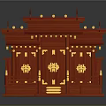 Traditional Red Entrance Gate With Golden Decorations And Ornate Roof Structure