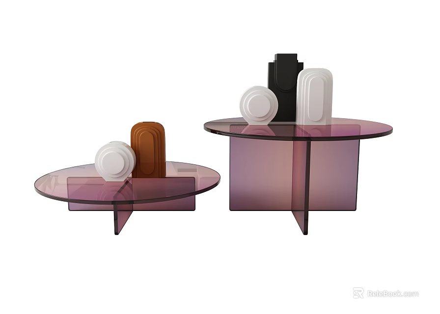Modern Glass Side Table Design With Transparent Pinkish Top And Decorative White Brown Objects 3d model 