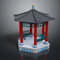 Traditional Chinese Style Pavilion With Gray Tile Roof Red Pillars And Blue Decorations