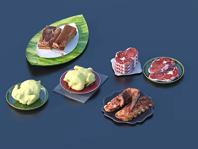 Assorted Grilled Meat Dishes Including Steak Ribs And Yellow Sauce On Green Leaf Shaped Plates 3d model