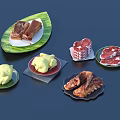 Assorted Grilled Meat Dishes Including Steak Ribs And Yellow Sauce On Green Leaf Shaped Plates